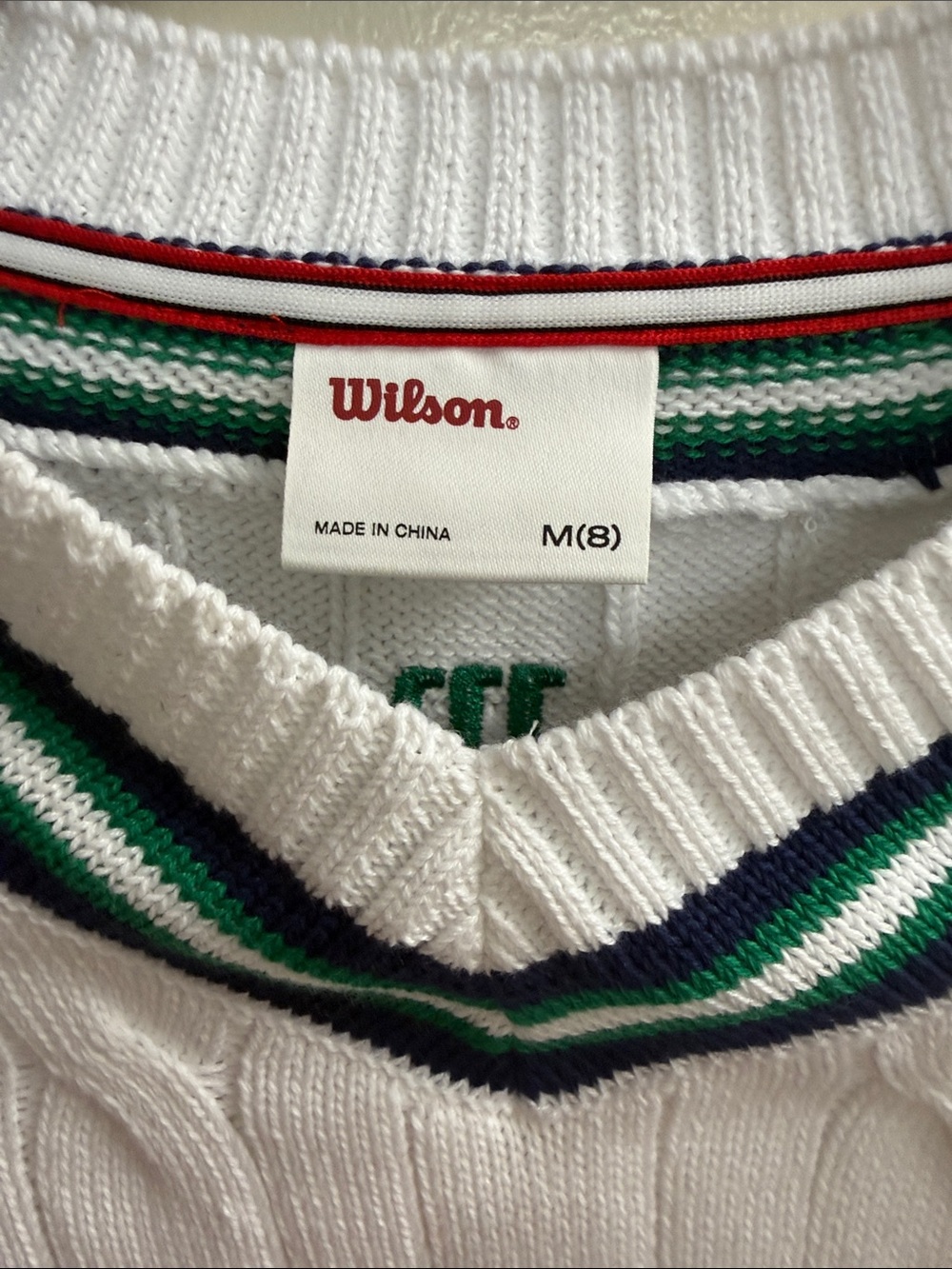 Wilson White Cable-Knit V-Neck Sweater with Green and Navy Trim tennis - Picture 5 of 6